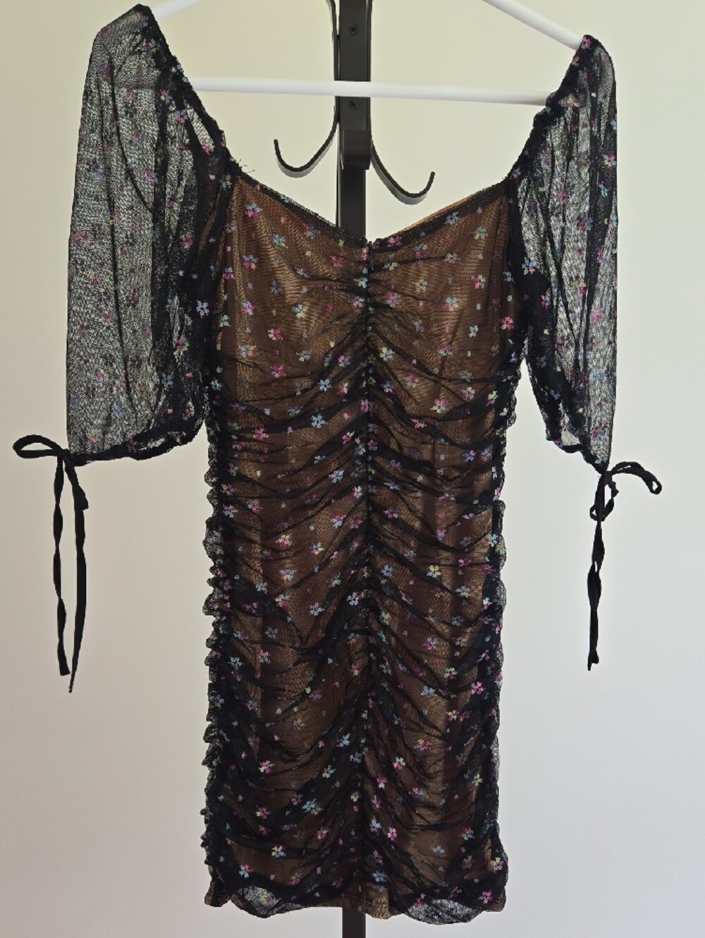 Blue Blush Black Sheer Ruched Mini Dress with Pink & Blue Floral Embroidery - Picture 2 of 7